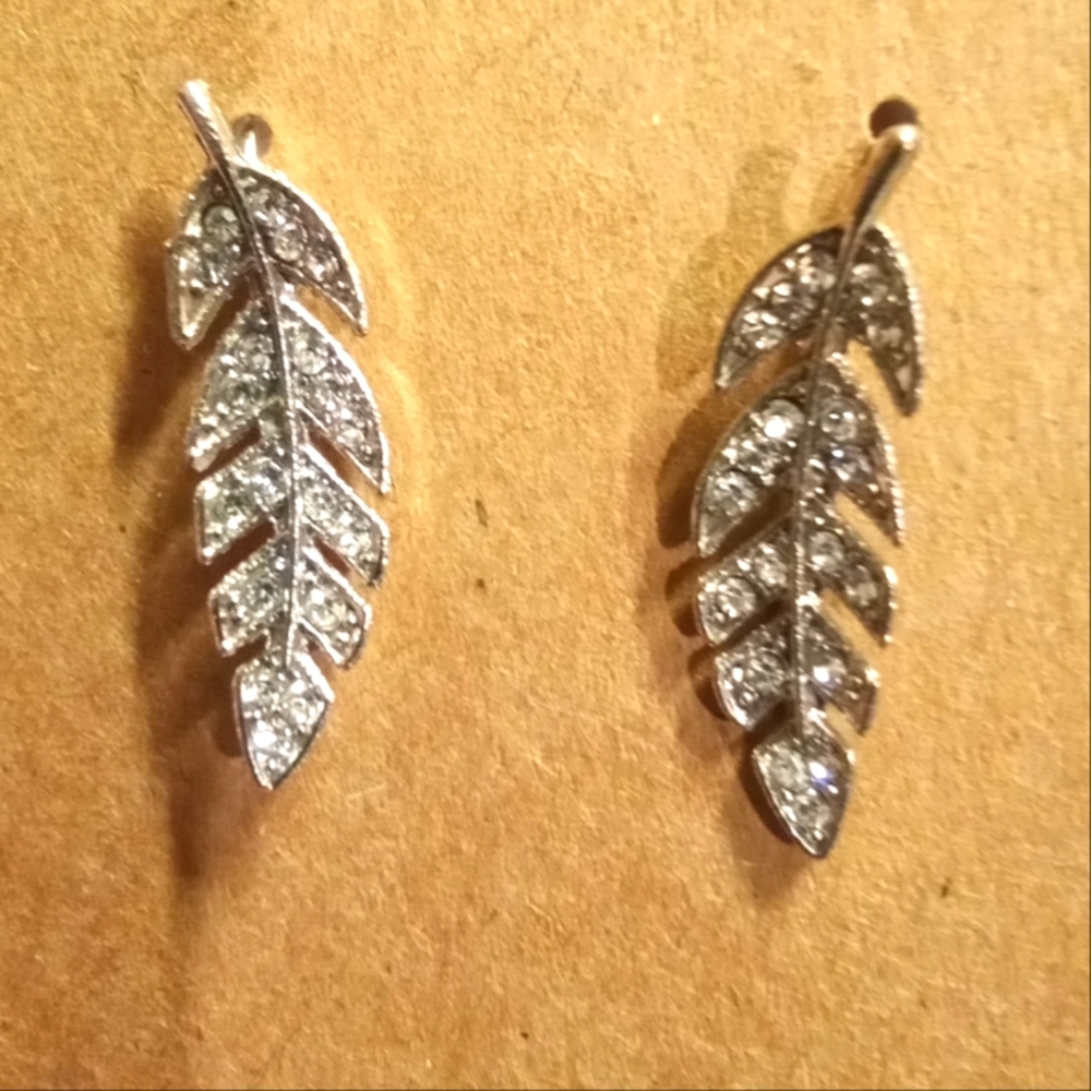 Crystal feather Silver tone earrings